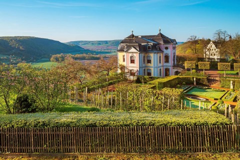 The rococo castle in morning light in spring, Dornburg Palaces and Park in the Saale Valley,