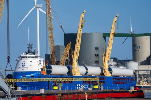 The seaport of Eemshaven, Emmahaven Basin, is where the components, rotors, tower components,