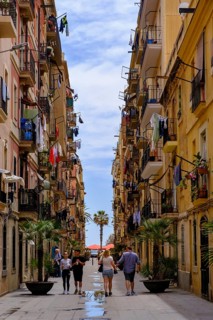 Old town alleys in the historic fishermen's quarter, Barceloneta neighbourhood, Barcelona,