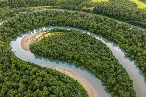 Meander of the Storelva River, east of Tromsø, aerial view, Norway