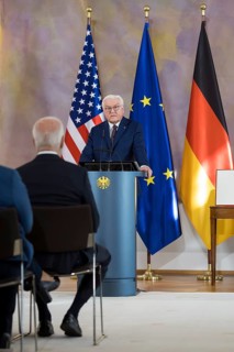 Frank-Walter Steinmeier (President of the Federal Republic of Germany) delivers a speech in front