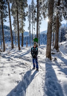 Snowshoe hiker in snowy winter forest, Sonnenstern, Ascent to Teufelstättkopf, Snowy mountain