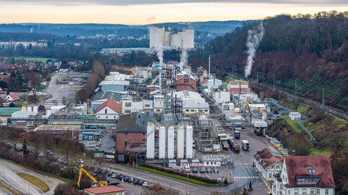 Plant view of the company Solvay Fluor GmbH. The Bad Wimpfen plant of the Belgian chemical company