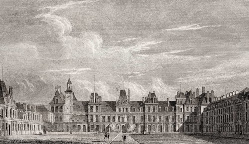 The Royal Château de Fontainebleau, near Paris, antique steel engraved print, 1831