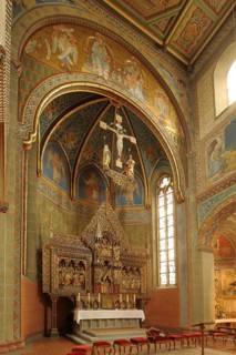 High altar with crucifix, wall paintings and decorations, handicrafts, baroque town church of St.