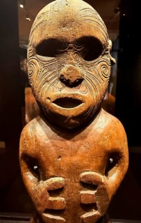 Head, carved wooden figure with artistic pattern, Maori art, Museum Five Continents, Bavaria,