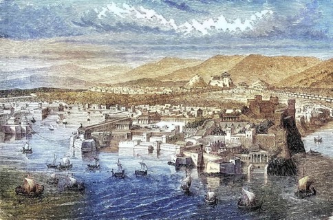 Ancient Athens from the harbour of Piraeus around 1850, Greece, digital reproduction of a