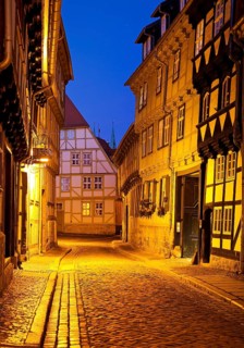 Half-timbered houses in a narrow street with cobblestones, Old Town in the evening, World Heritage