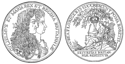 Coin with busts of Dutch Prince of Orange King William III and his spouse Queen Mary II