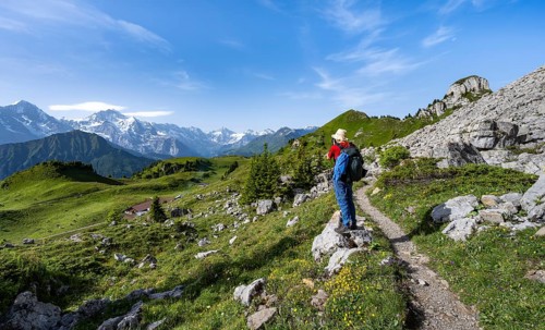 Young man photographed, hiking trail on the Schynige Platte, picturesque mountain landscape,