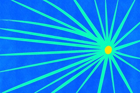 A dynamic illustration featuring a vibrant sunburst design Radiating green and blue lines stretch