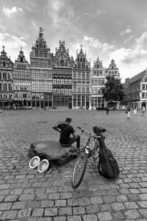Guild houses, street musicians, monochrome, typical architecture at the Grote Markt, Antwerp,