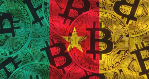 Bitcoin coins on Cameroon flag background. Golden bitcoin coins on Cameroon flag background