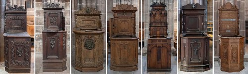 Seven medieval chairs from the craft guilds also alms chairs in St. Lawrence Church, Nuremberg,