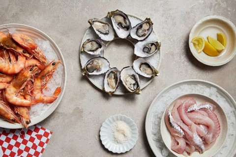 Top-down view of a fresh seafood assortment including oysters on ice, prawns, and raw fish fillets,