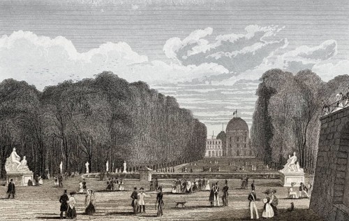 Garden of the Tuileries Palace, Paris, antique steel engraved print, 1831
