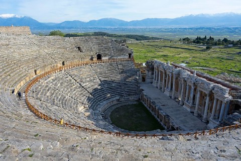 Large old theatre in a picturesque landscape with mountain backdrop, amphitheatre, Hierapolis,