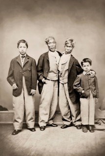 Chang and Eng Bunker, 1811–1874, known as the Siamese Twins, with two children, digitally edited