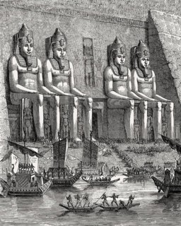 Ancient Egyptian ships, Abu Simbel temple, drawing from the 19th century