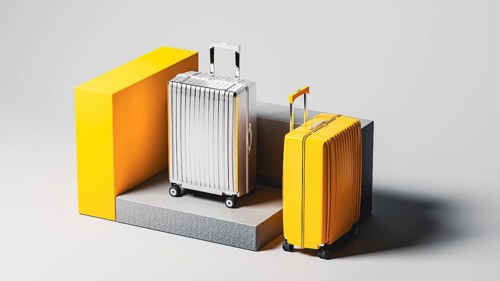 A collection of shining suitcases stands against a neutral backdrop, inviting thoughts of new