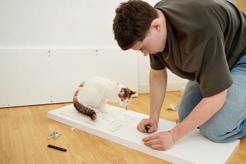 A man is seen meticulously assembling new furniture while a curious white and orange cat watches