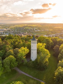 Picturesque view of a tower in the forest at sunset, Engelberg Tower, Leonberg, Germany
