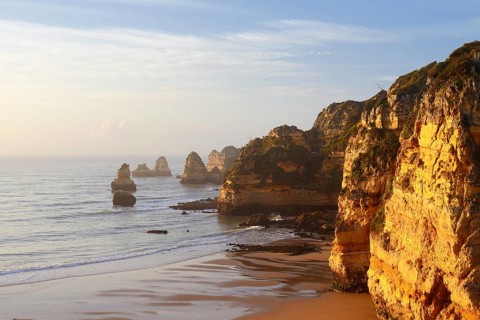 Rocky coast and beach, Praia Dona Ana, Lagos, Algarve, Portugal