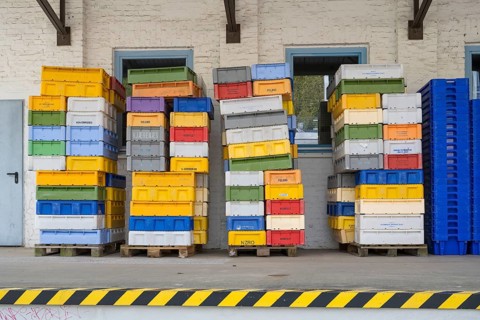 Numerous colored containers are stacked at a warehouse, Sassnitz, Rügen, Insel, Baltic Sea,