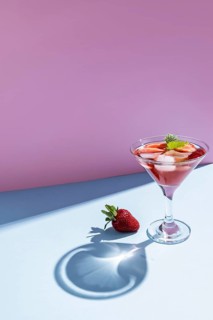 A refreshing strawberry cocktail served in a martini glass, beautifully arranged on a gradient pink