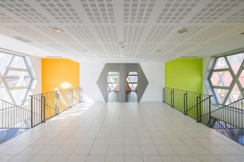 A modern auditorium hallway features hexagonal windows and vibrant yellow and green walls. The