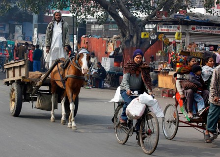 Neu Dehli, India, 15.01.10 - Horse-drawn carts, cyclists, rickshaws on a street in Neu-Dehli, India