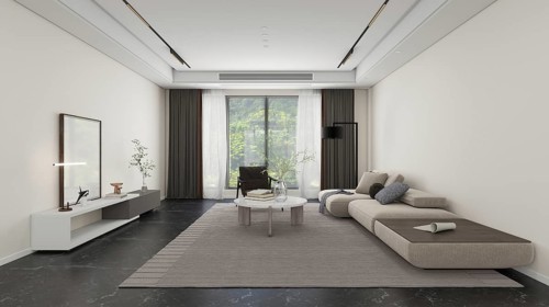 A spacious, modern living room featuring a sleek sectional sofa, elegant coffee table, and abundant