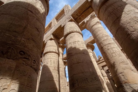 Luxor, Egypt. February 12th 2009 Columns at Karnak Pharaonic inscriptions at the ancient Egyptian
