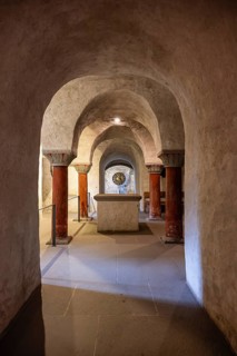 View of the three-nave, early Romanesque crypt of Constance Cathedral from the 9th to 11th century
