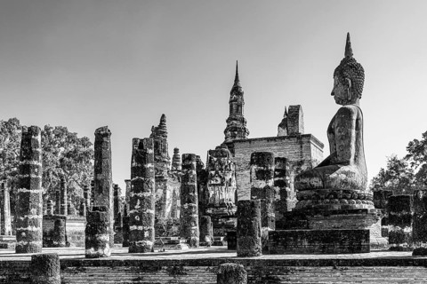 Historic Buddhist temple complex Wat Mahathat, historical park, black and white photo, Sukhothai,