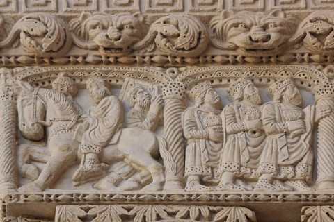 Stone sculptures with biblical scene equestrian figure and kings, reliefs, stone carving,