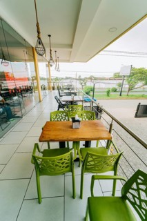 Empty outdoor restaurant tables