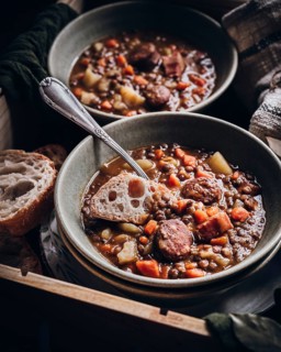 Two bowls of hearty lentil stew featuring chunks of sausage, potatoes, and carrots, accompanied by