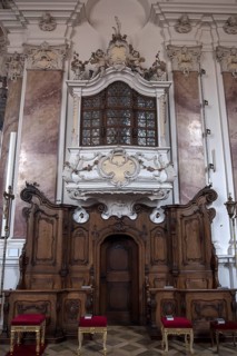 Patronage box in the baroque church of St. Andrew, Nesselwang, Bavaria, Germany