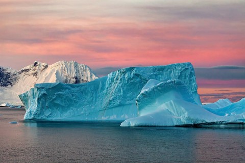 Icebergs in the sea during a dramatic pink sunset, icebergs in the Southern Ocean in Antarctica