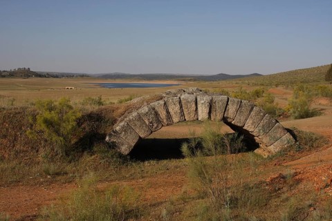 Roman Puente de Alconetar, remains of the historic stone arch bridge, landscape, Puente de
