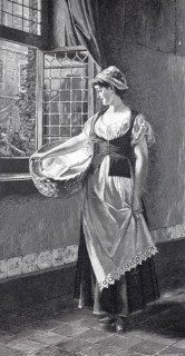 Other little towns, other girls, Maid with a laundry basket looks out of the window at passing