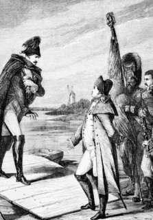 Napoleon I of France and Tsar Alexander I of Russia meet on a raft in the middle of the River Memel