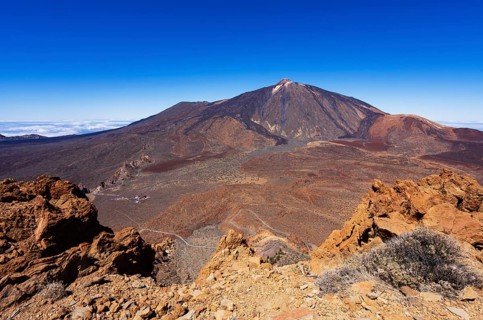 Mountain hiking, view from the summit of Montana Guajara to Mount Teide, Teide National Park,