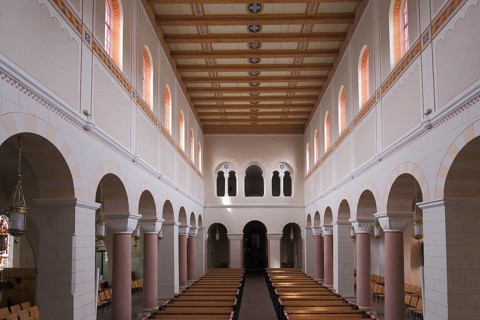 Interior view of the Romanesque collegiate church of St. Anastasius and St. Innocentius, Bad