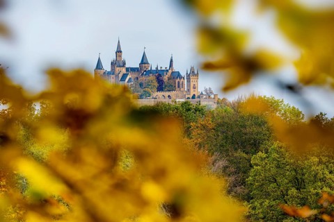 Castle and autumnal forest, Hohenzollern Castle, Hechingen, Swabian Jura, Baden-Württemberg,