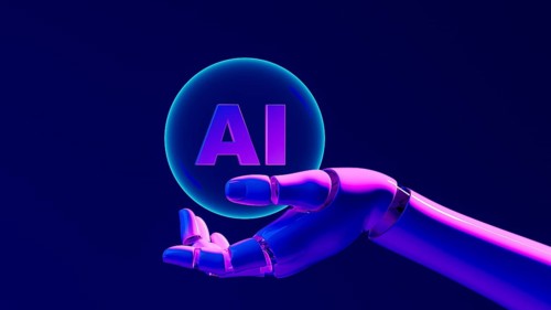 A robotic hand grips a glowing bubble with AI against a dark backdrop, symbolizing progress in