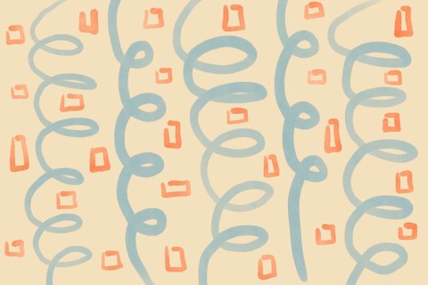 Organic pattern art featuring fluid blue swirls and abstract orange geometric shapes on a soft