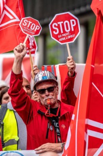 Demonstration by many thousands of steelworkers in front of the ThyssenKrupp headquarters in Essen