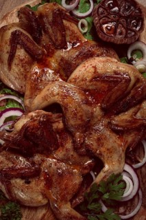 Fried, quail meat, tobacco (tapaka), with spices, homemade, no people